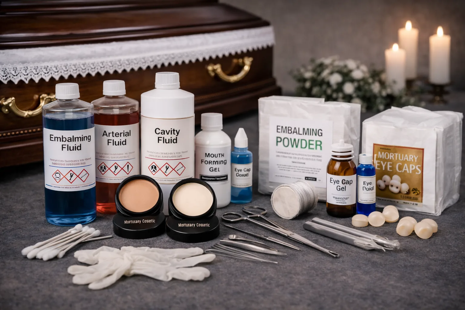 Produse și instrumente folosite pentru pregătirea persoanei decedate